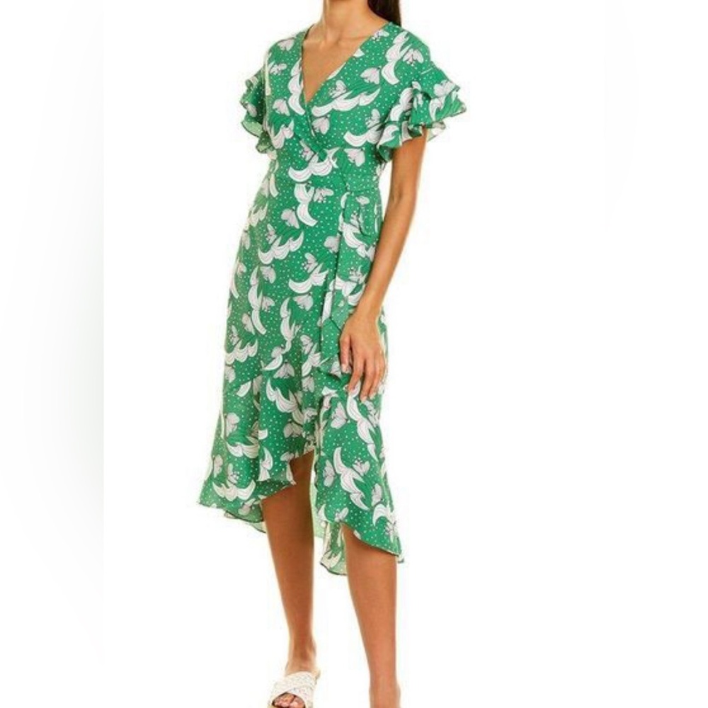 Max Studio Green and White Wrap Ruffle Dress